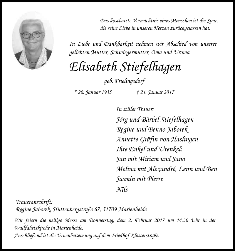  Traueranzeige für Elisabeth Stiefelhagen vom 27.01.2017 aus Kölner Stadt-Anzeiger / Kölnische Rundschau / Express