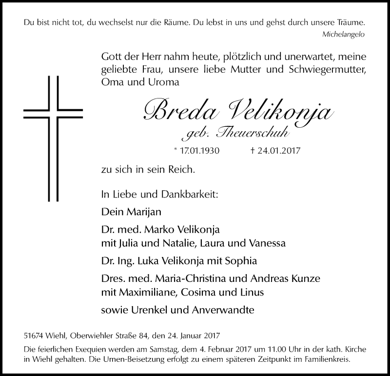  Traueranzeige für Breda Velikonja vom 01.02.2017 aus  Anzeigen Echo 