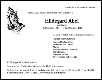 Anzeige von Hildegard Abel von Kölner Stadt-Anzeiger / Kölnische Rundschau / Express