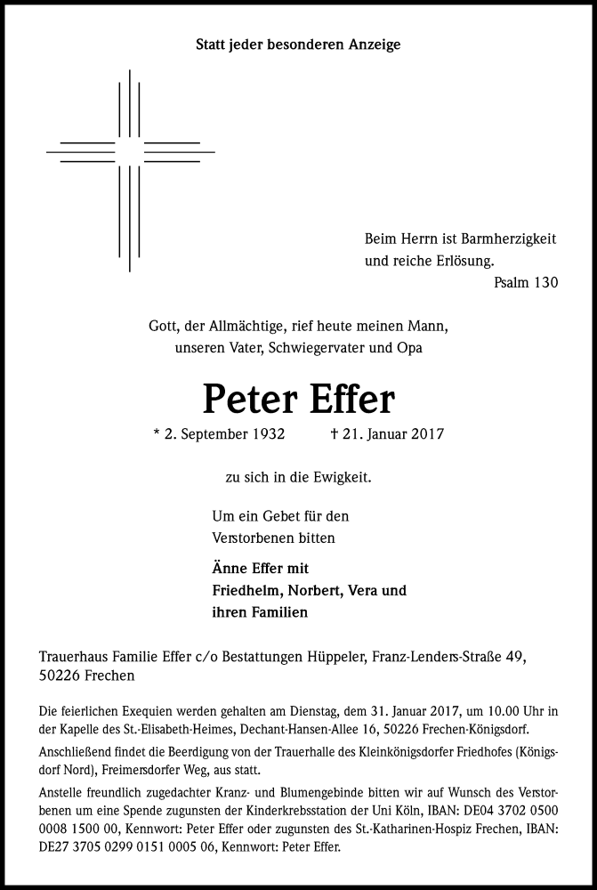  Traueranzeige für Peter Effer vom 28.01.2017 aus Kölner Stadt-Anzeiger / Kölnische Rundschau / Express