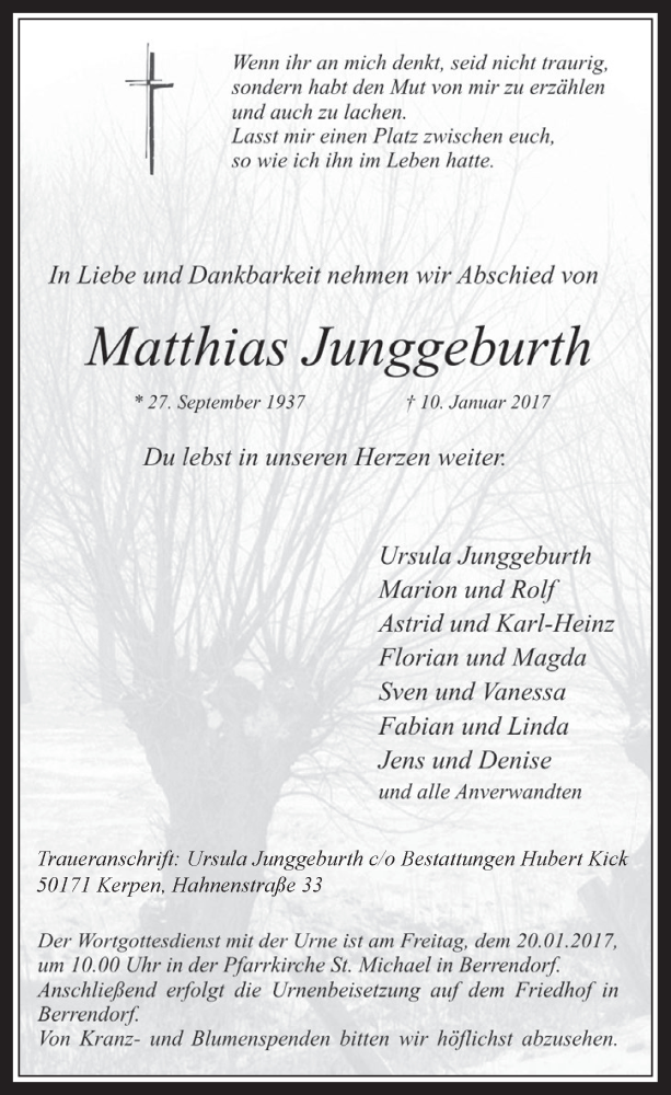  Traueranzeige für Matthias Junggeburth vom 18.01.2017 aus  Werbepost 