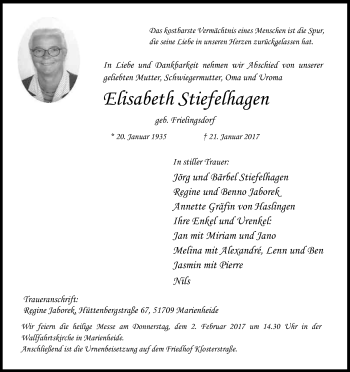 Anzeige von Elisabeth Stiefelhagen von Kölner Stadt-Anzeiger / Kölnische Rundschau / Express