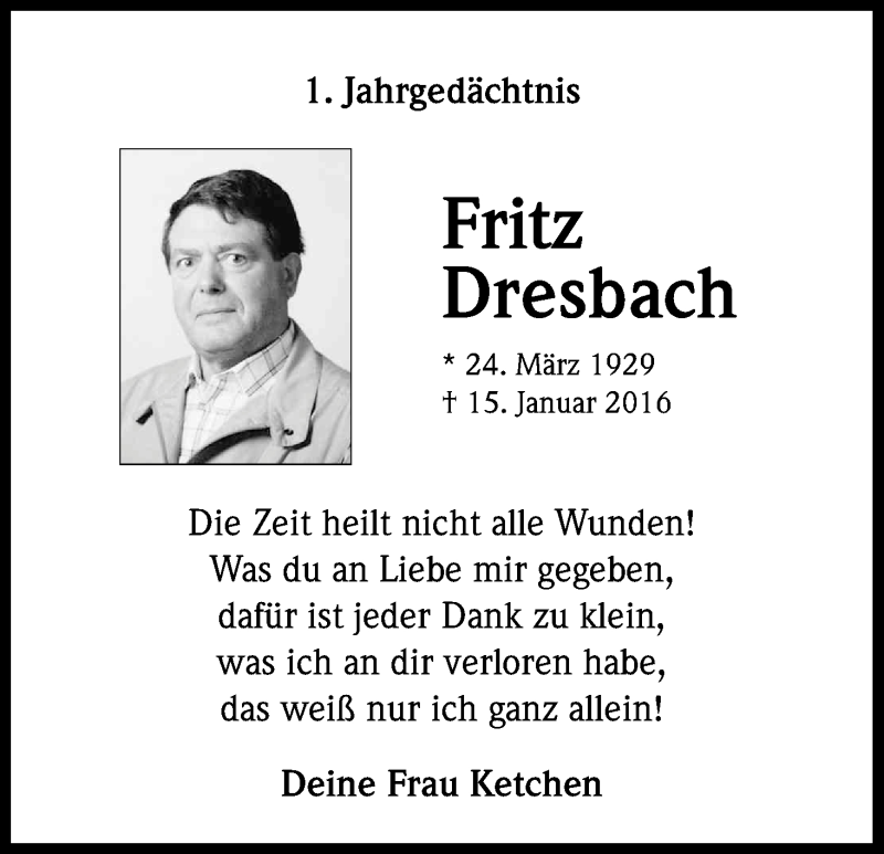  Traueranzeige für Fritz Dresbach vom 14.01.2017 aus Kölner Stadt-Anzeiger / Kölnische Rundschau / Express