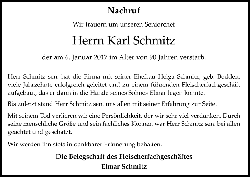  Traueranzeige für Karl Theodor Schmitz vom 10.01.2017 aus Kölner Stadt-Anzeiger / Kölnische Rundschau / Express