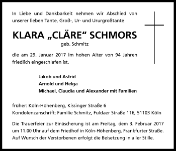 Anzeige von Klara Schmors von Kölner Stadt-Anzeiger / Kölnische Rundschau / Express