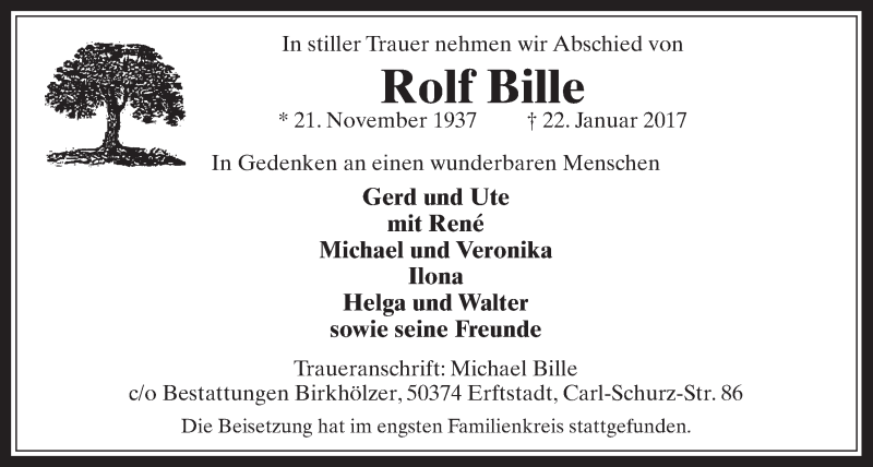  Traueranzeige für Rolf Bille vom 01.02.2017 aus  Werbepost 