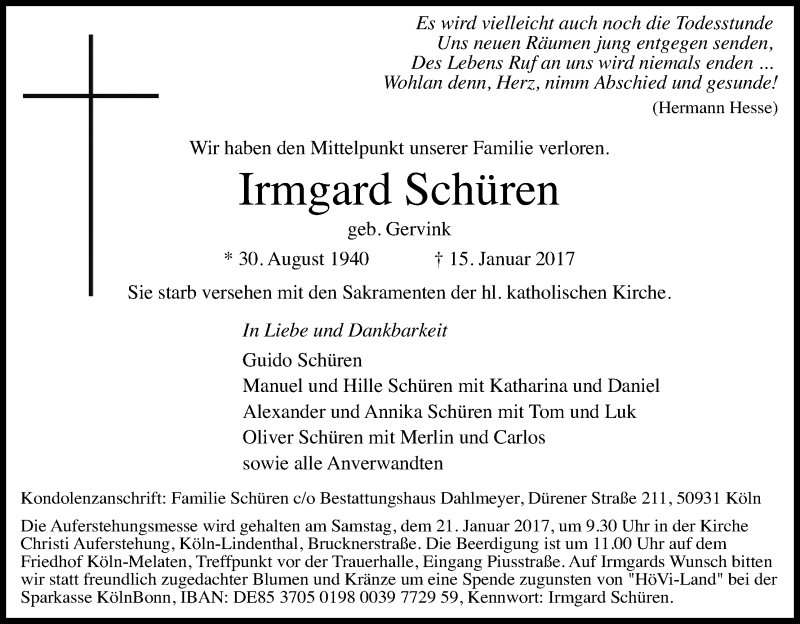  Traueranzeige für Irmgard Schüren vom 18.01.2017 aus Kölner Stadt-Anzeiger / Kölnische Rundschau / Express