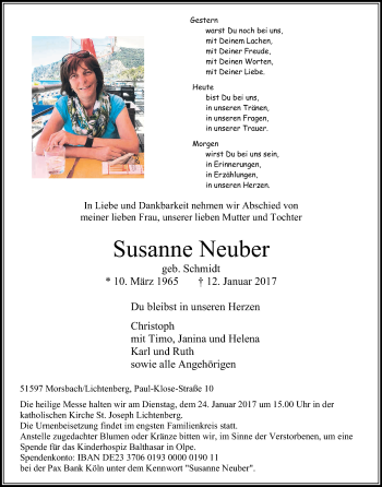 Anzeige von Susanne Neuber von Kölner Stadt-Anzeiger / Kölnische Rundschau / Express