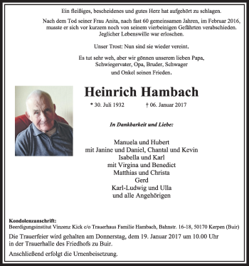Anzeige von Heinrich Hambach von  Sonntags-Post 