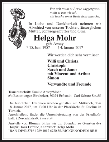 Anzeige von Helga Mohr von  Sonntags-Post 