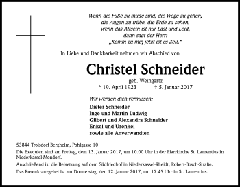 Anzeige von Christel Schneider von Kölner Stadt-Anzeiger / Kölnische Rundschau / Express
