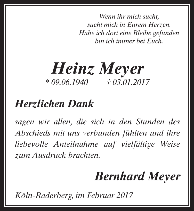  Traueranzeige für Heinz Meyer vom 01.02.2017 aus  Wochenende 