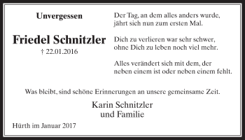 Anzeige von Friedel Schnitzler von  Sonntags-Post 