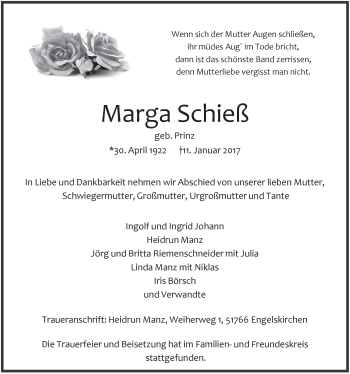 Anzeige von Marga Schieß von  Anzeigen Echo 