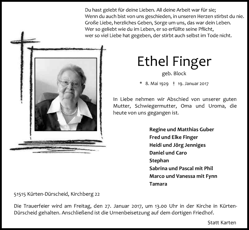  Traueranzeige für Ethel Finger vom 24.01.2017 aus Kölner Stadt-Anzeiger / Kölnische Rundschau / Express