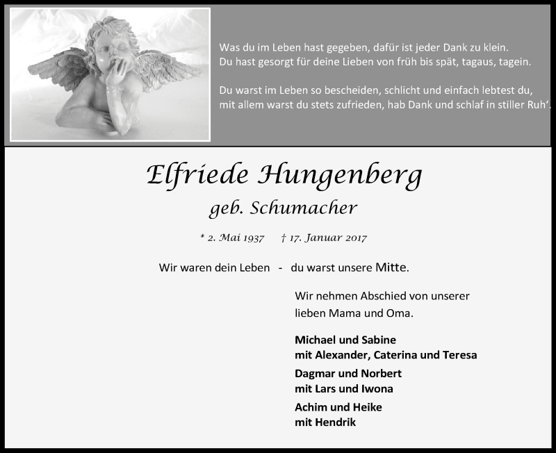  Traueranzeige für Elfiede Hungenberg vom 21.01.2017 aus Kölner Stadt-Anzeiger / Kölnische Rundschau / Express