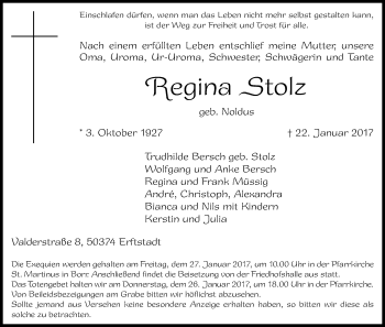 Anzeige von Regina Stolz von Kölner Stadt-Anzeiger / Kölnische Rundschau / Express