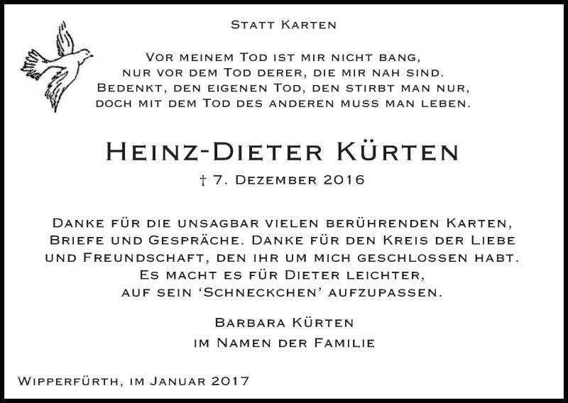 Traueranzeige für Heinz-Dieter Kürten vom 14.01.2017 aus Kölner Stadt-Anzeiger / Kölnische Rundschau / Express