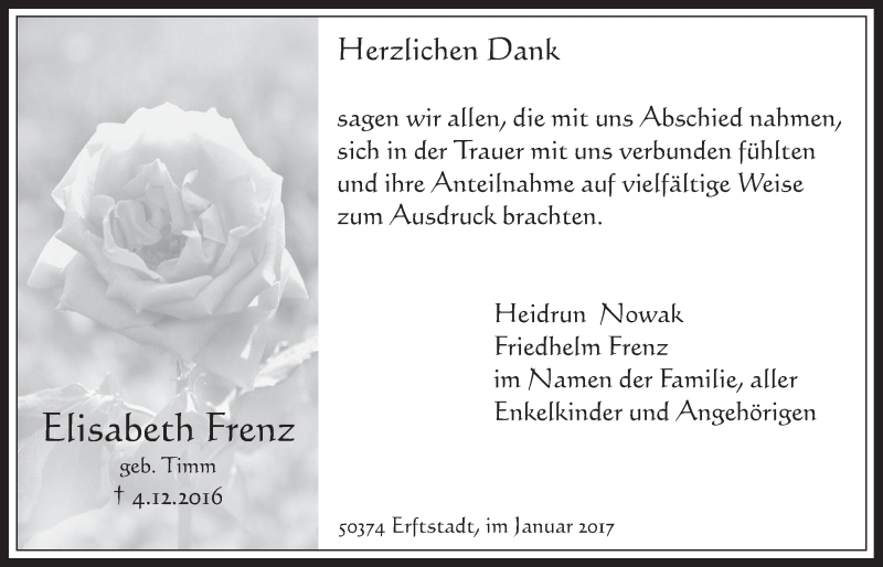  Traueranzeige für Elisabeth Frenz vom 18.01.2017 aus  Werbepost 