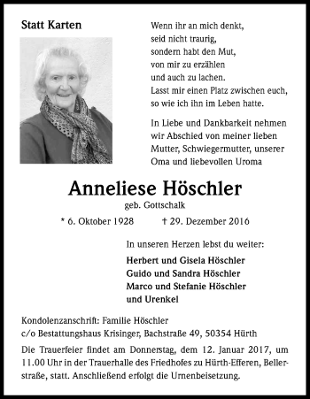Anzeige von Anneliese Höschler von Kölner Stadt-Anzeiger / Kölnische Rundschau / Express