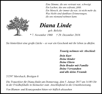 Anzeige von Diana Linde von Kölner Stadt-Anzeiger / Kölnische Rundschau / Express