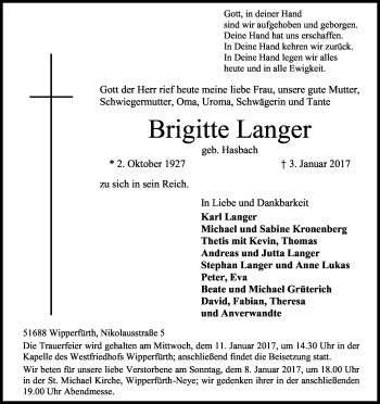 Anzeige von Brigitte Langer von Kölner Stadt-Anzeiger / Kölnische Rundschau / Express