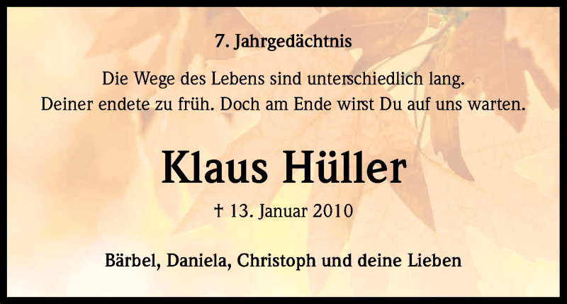  Traueranzeige für Klaus Hüller vom 13.01.2017 aus Kölner Stadt-Anzeiger / Kölnische Rundschau / Express