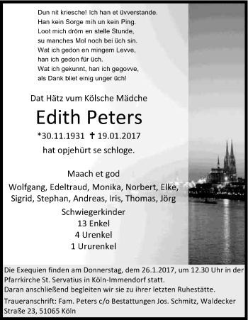 Anzeige von Edith Peters von Kölner Stadt-Anzeiger / Kölnische Rundschau / Express