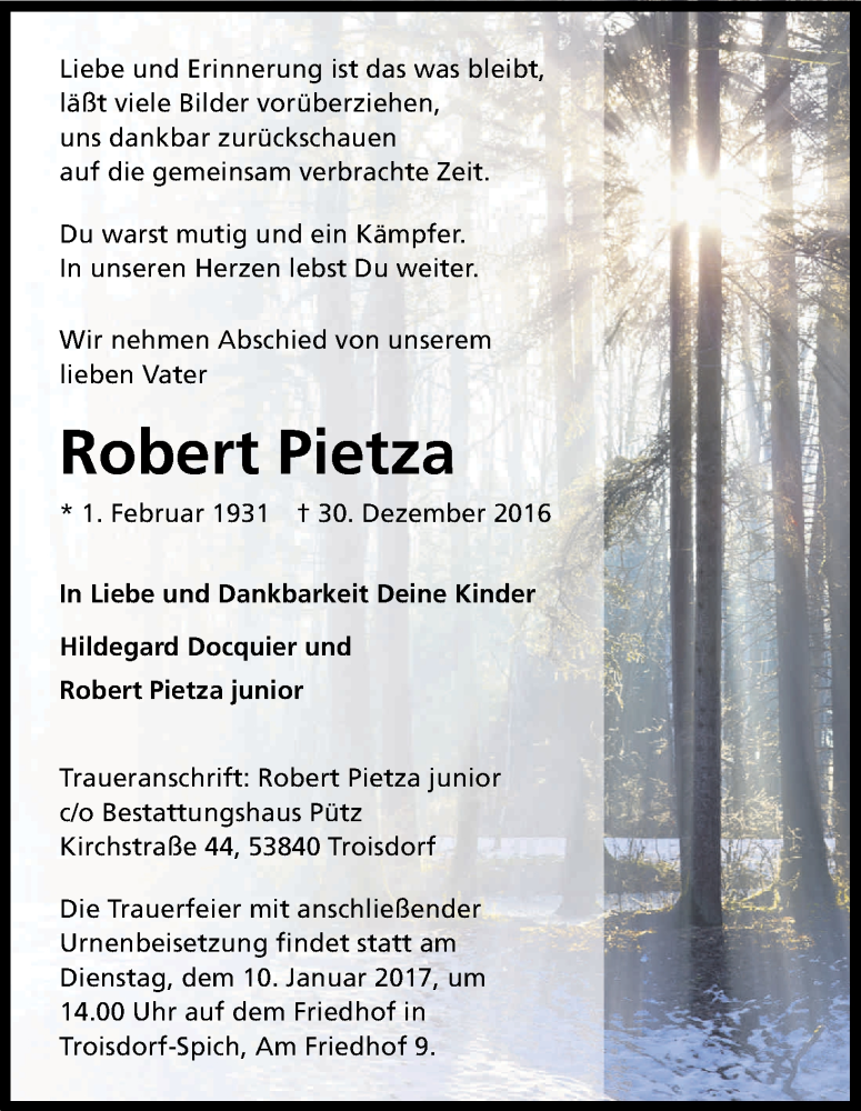  Traueranzeige für Robert Pietza vom 07.01.2017 aus Kölner Stadt-Anzeiger / Kölnische Rundschau / Express