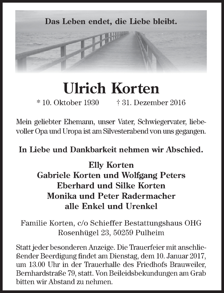  Traueranzeige für Ulrich Korten vom 07.01.2017 aus  Sonntags-Post 