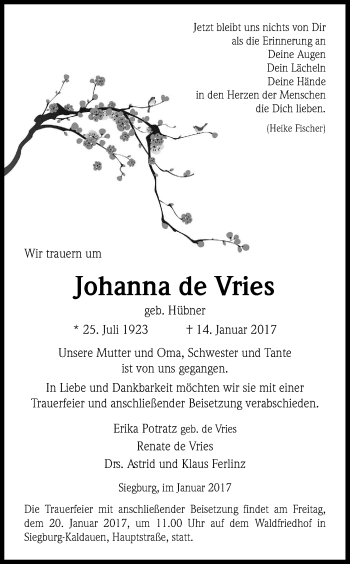 Anzeige von Johanna de Vries von Kölner Stadt-Anzeiger / Kölnische Rundschau / Express