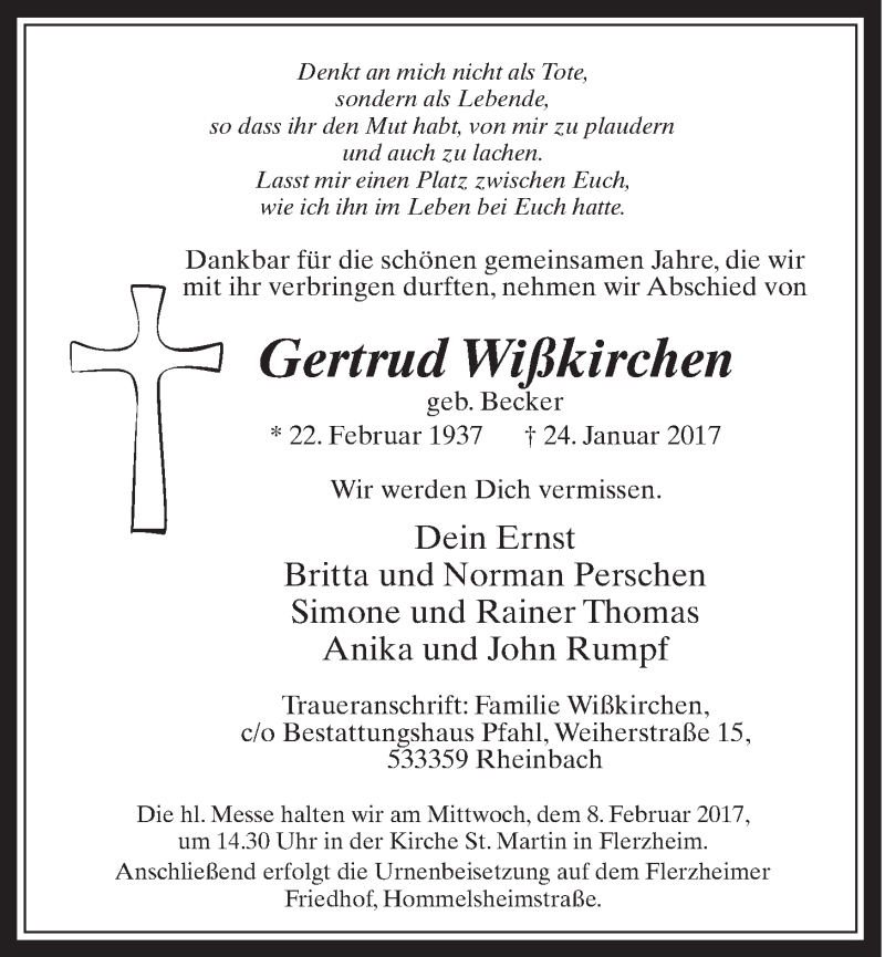  Traueranzeige für Gertrud Wißkirchen vom 01.02.2017 aus  Schaufenster/Blickpunkt 
