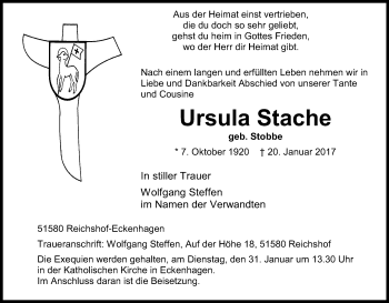 Anzeige von Ursula Stache von Kölner Stadt-Anzeiger / Kölnische Rundschau / Express
