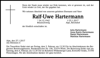 Anzeige von Ralf-Uwe Hartermann von Kölner Stadt-Anzeiger / Kölnische Rundschau / Express