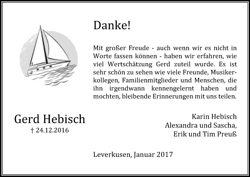  Traueranzeige für Gerd Hebisch vom 26.01.2017 aus Kölner Stadt-Anzeiger / Kölnische Rundschau / Express
