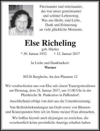 Anzeige von Else Richeling von  Sonntags-Post 