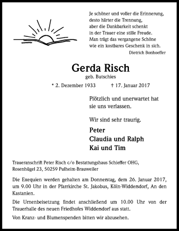 Anzeige von Gerda Risch von Kölner Stadt-Anzeiger / Kölnische Rundschau / Express