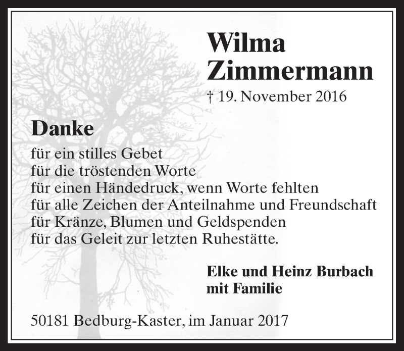  Traueranzeige für Wilma Zimmermann vom 04.01.2017 aus  Werbepost 