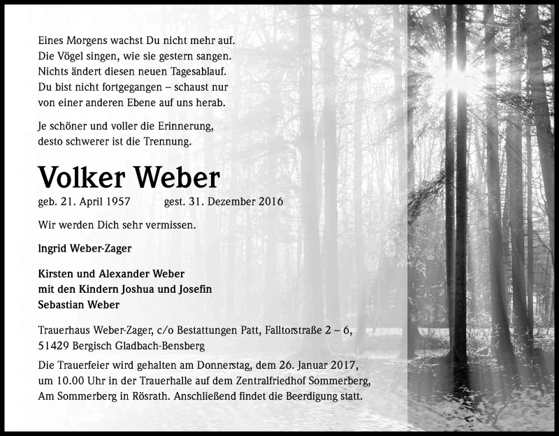  Traueranzeige für Volker Weber vom 21.01.2017 aus Kölner Stadt-Anzeiger / Kölnische Rundschau / Express