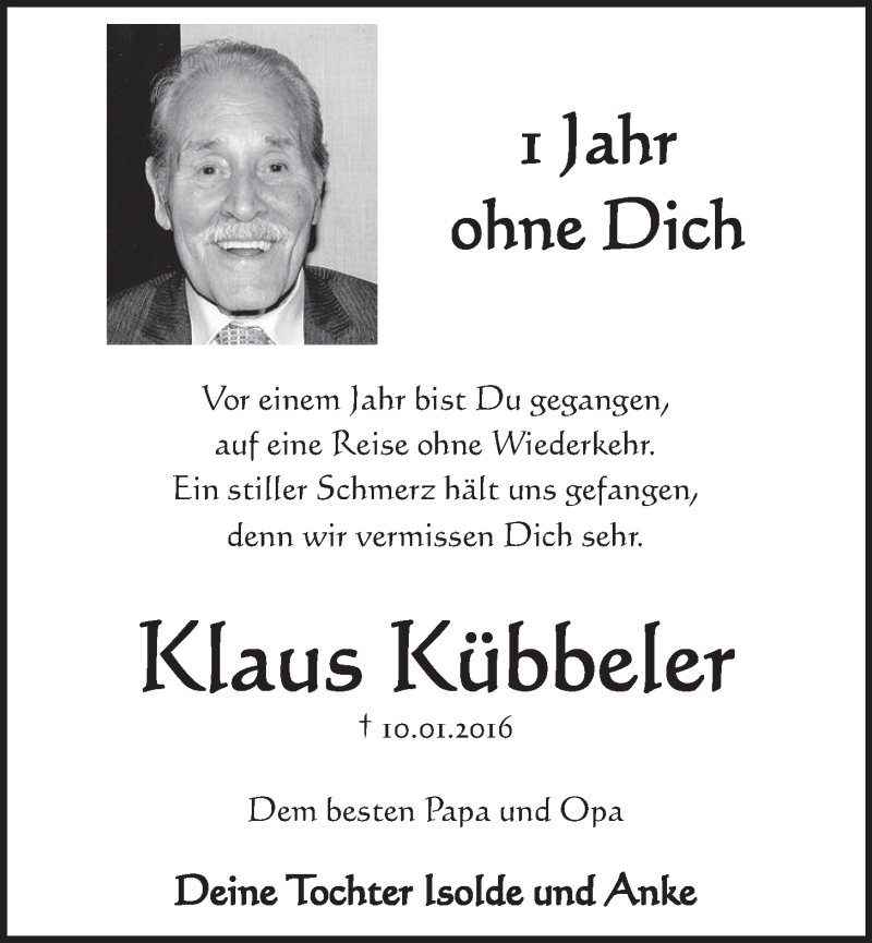  Traueranzeige für Klaus Kübbeler vom 11.01.2017 aus  Schlossbote/Werbekurier 