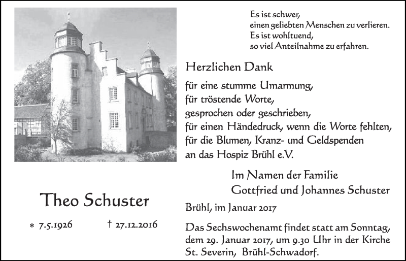  Traueranzeige für Theo Schuster vom 25.01.2017 aus  Schlossbote/Werbekurier 