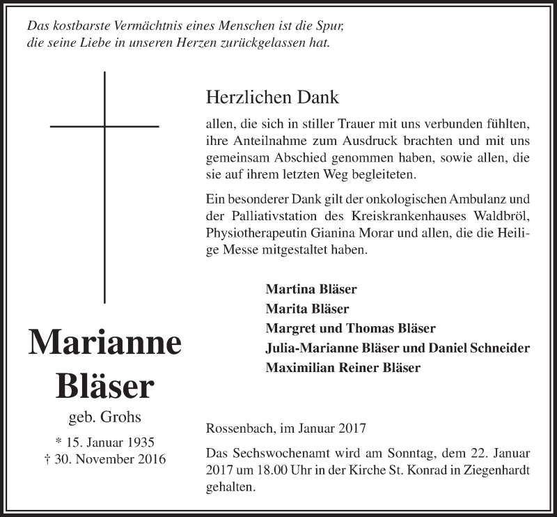  Traueranzeige für Marianne Bläser vom 18.01.2017 aus  Lokalanzeiger 