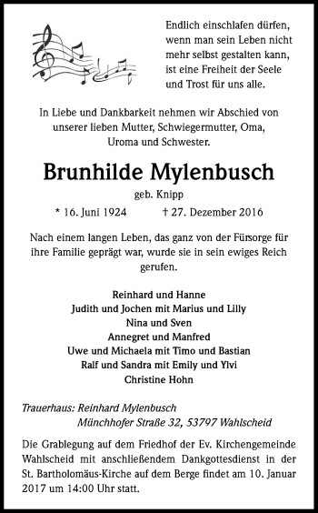 Anzeige von Brunhilde Mylenbusch von Kölner Stadt-Anzeiger / Kölnische Rundschau / Express