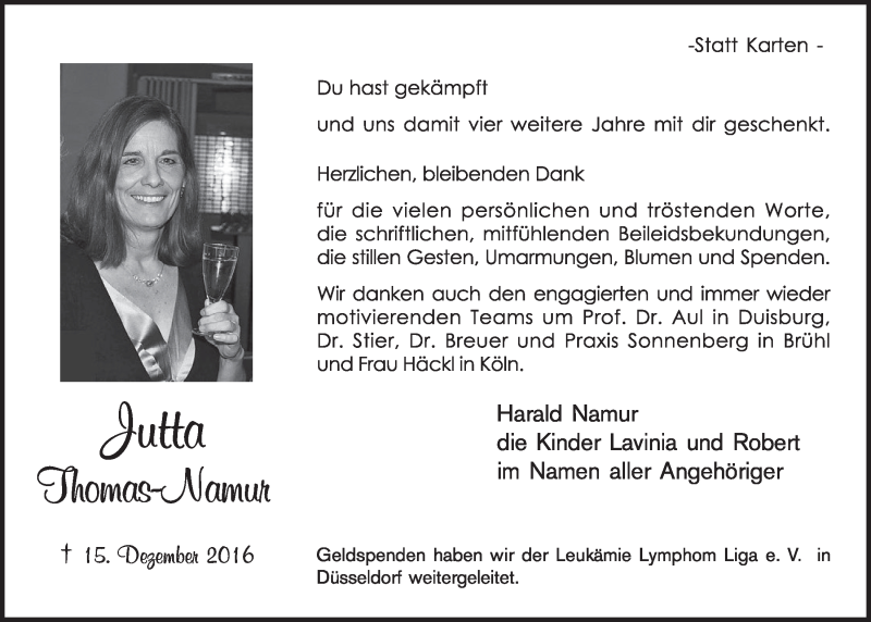  Traueranzeige für Jutta Thomas-Namur vom 01.02.2017 aus  Schlossbote/Werbekurier 