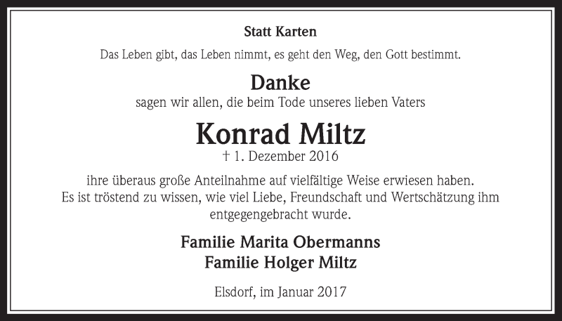  Traueranzeige für Konrad Miltz vom 18.01.2017 aus  Werbepost 