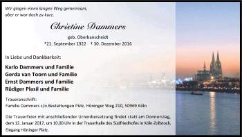 Anzeige von Christine Dammers von Kölner Stadt-Anzeiger / Kölnische Rundschau / Express