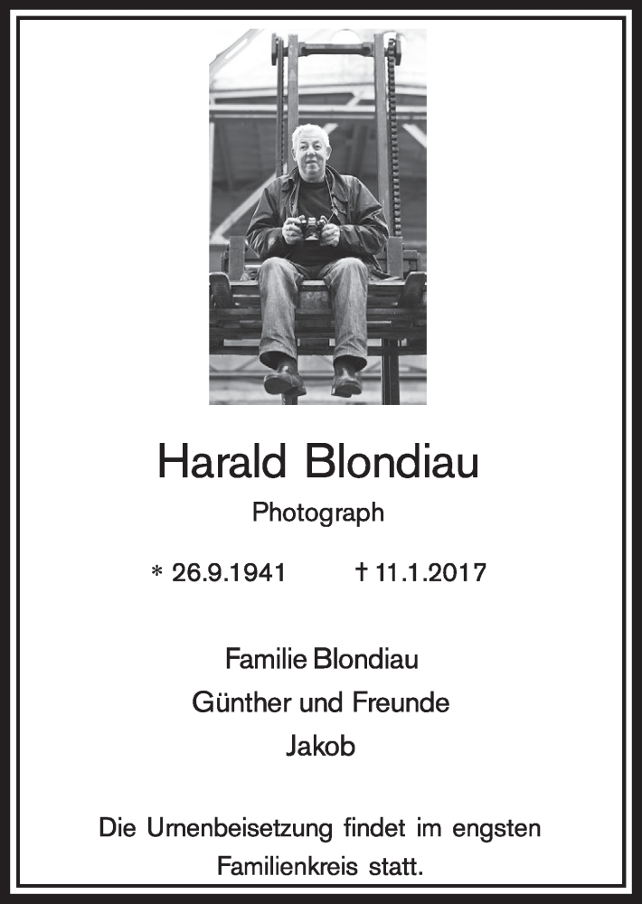  Traueranzeige für Harald Blondiau vom 25.01.2017 aus  Schlossbote/Werbekurier 