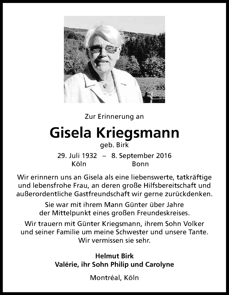  Traueranzeige für Gisela Kriegsmann vom 21.01.2017 aus Kölner Stadt-Anzeiger / Kölnische Rundschau / Express