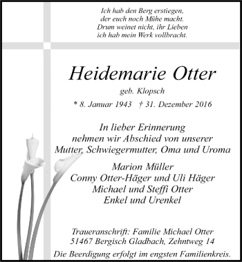 Anzeige von Heidemarie Otter von  Bergisches Handelsblatt  Lokale Informationen 