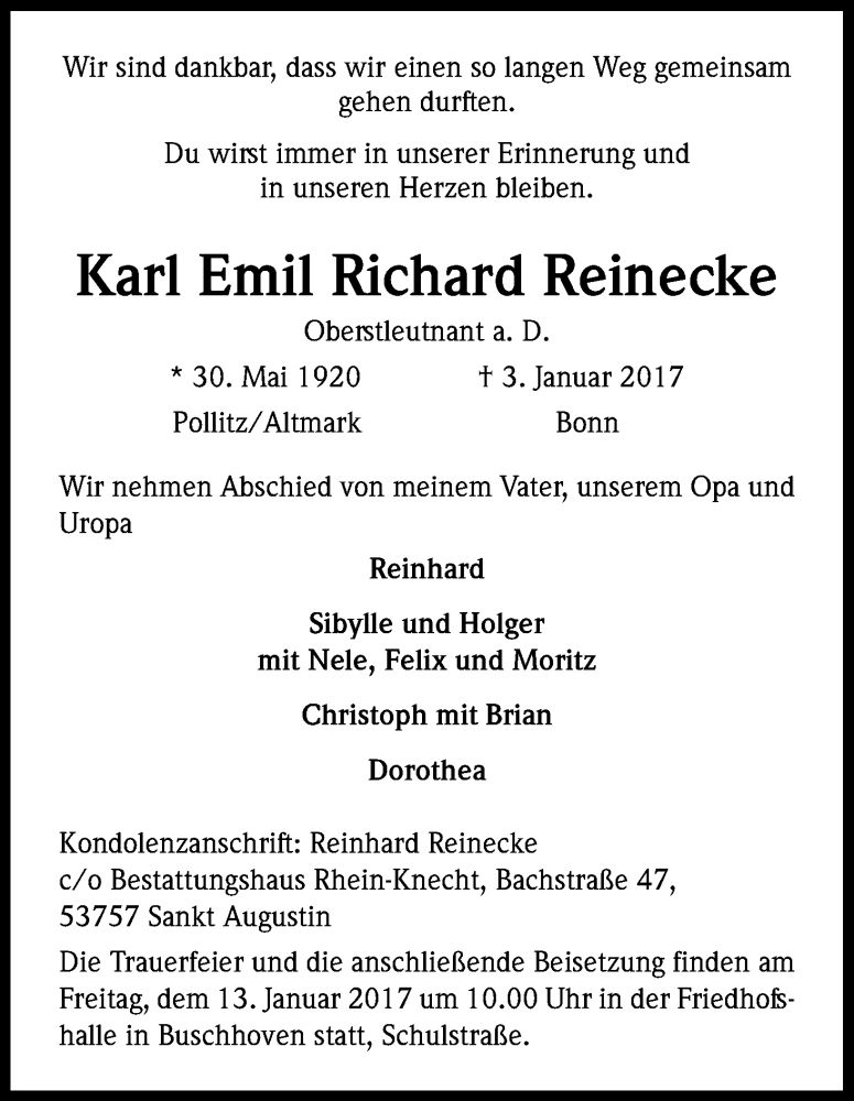  Traueranzeige für Karl Emil Richard Reinecke vom 07.01.2017 aus Kölner Stadt-Anzeiger / Kölnische Rundschau / Express